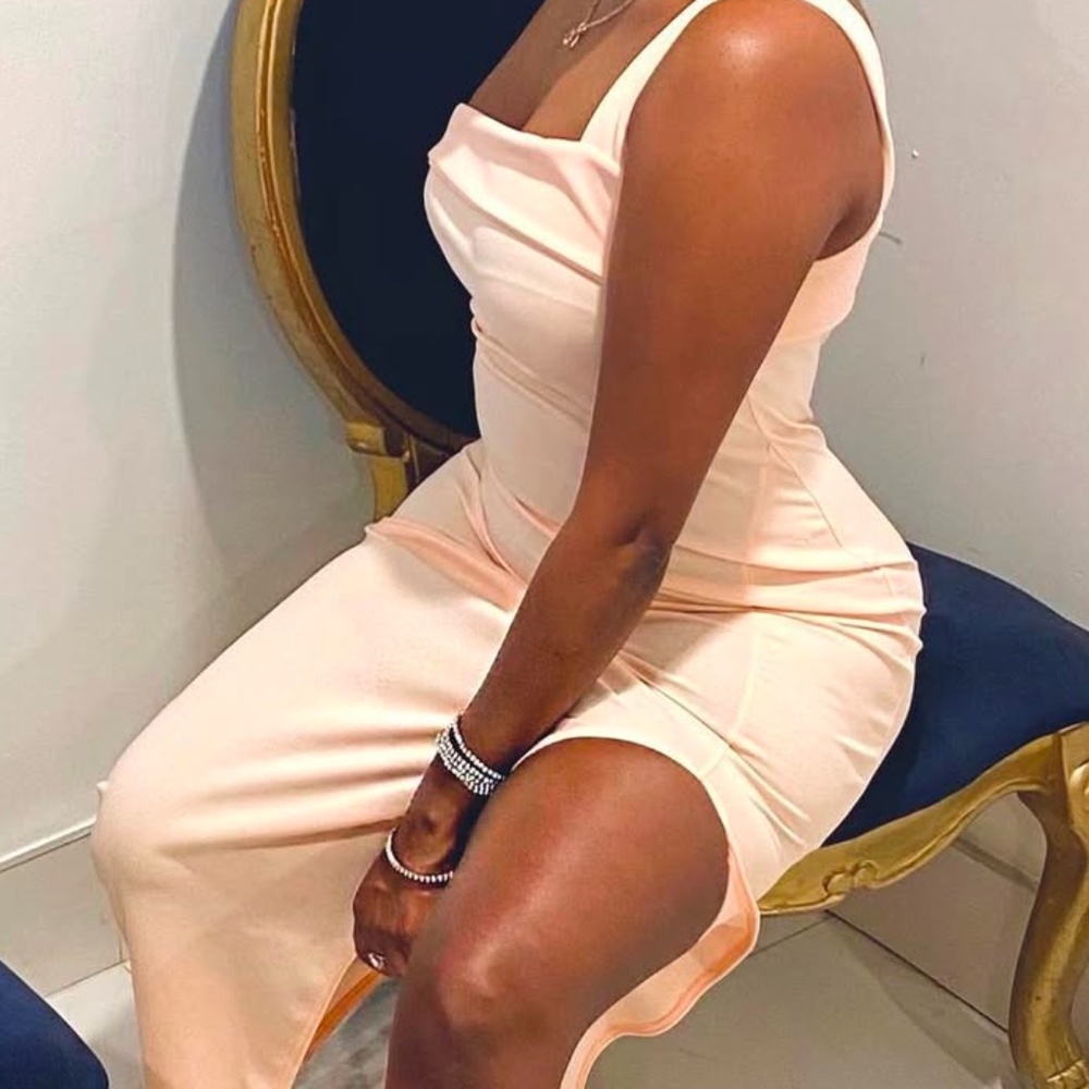 Light pink - one shoulder maxi dress with long slit